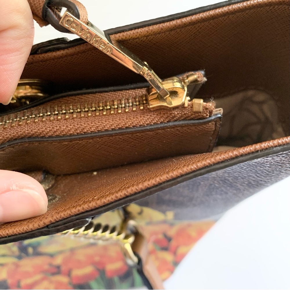 Calvin Klein Monogram Brown Floral Leather Chain Tote Bag - Picture 5 of 12